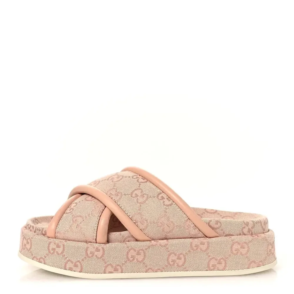 Gucci GG Canvas Pink Platform Slides 816798 Women's 38.5 US 8.5 NEW